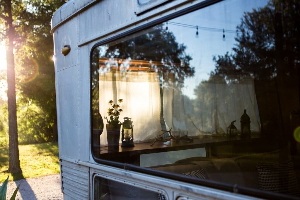 Looking through the window of a mobile home