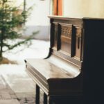 An upright piano set against a wall, facing the left.