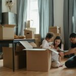 A family packing up their belongings in cardboard boxes.
