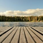 A view of a lake from a dock, with green trees across it and a blue sky.
