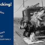 black and white old image of a family broken down on the side of the road while moving all of their belongings in a ruck with the Central Lakes Movers logo to the left and text saying "Send us packing!"